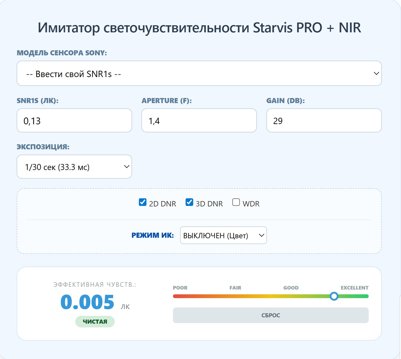 Сравнение работы сенсоров Starvis калькулятор